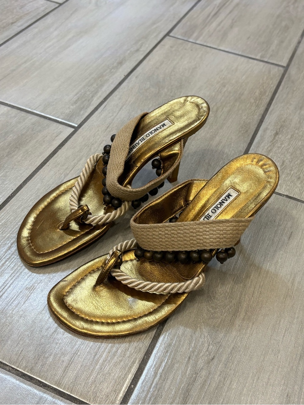 Manolo Blahnik Gold Rope-Trim Slide Sandals - Picture 5 of 12